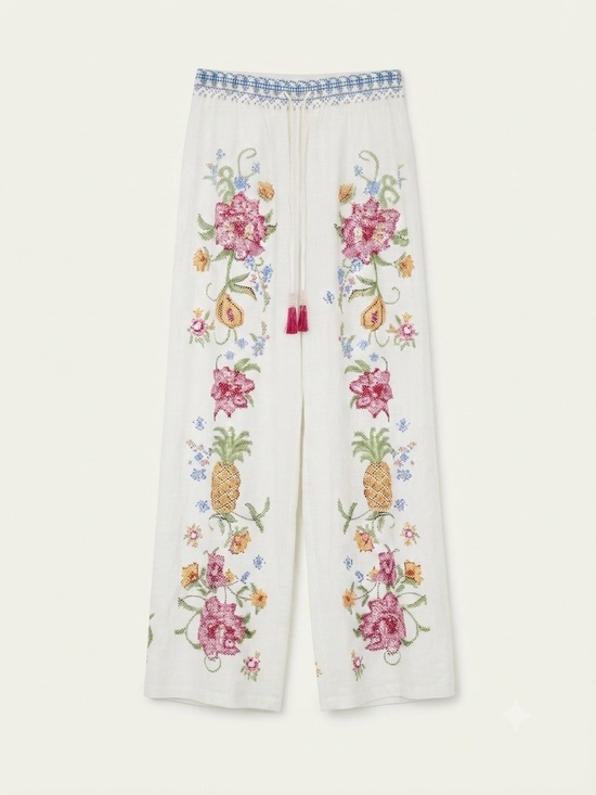 Rachel Zoe Pants - Rachel Zoe Euro Summer Wide Leg Linen Blend Pants Medium White Pineapple Floral